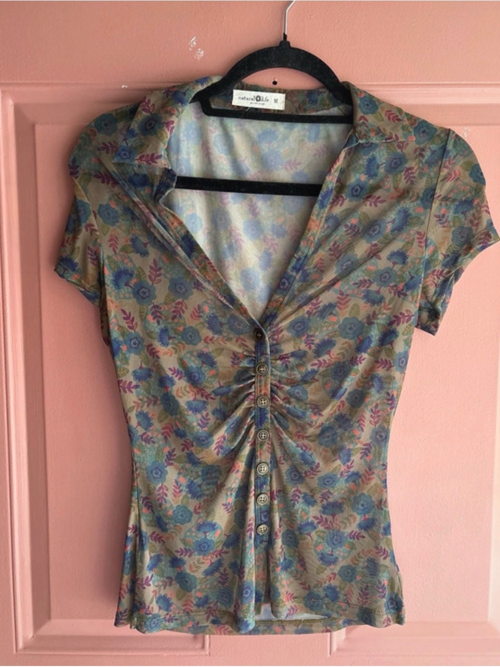 NATURAL LIFE Blue Floral Ruched Button-Front Top